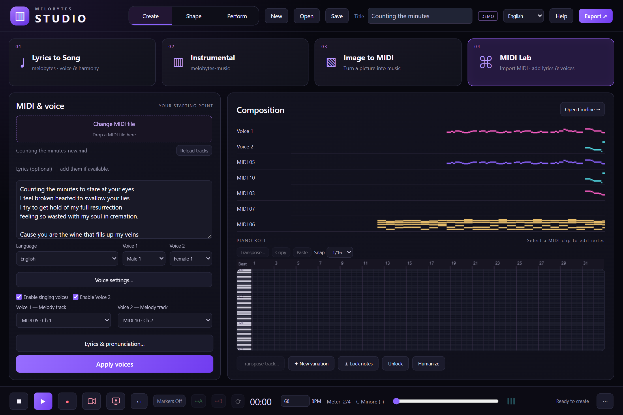 MIDI Lab, melody tracks, lyrics and voices