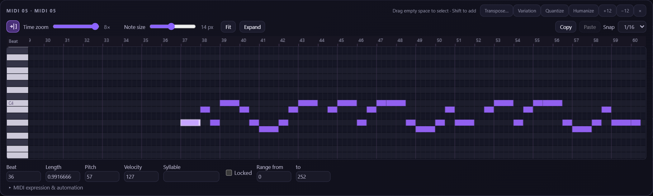 Piano roll, selected note and numeric fields