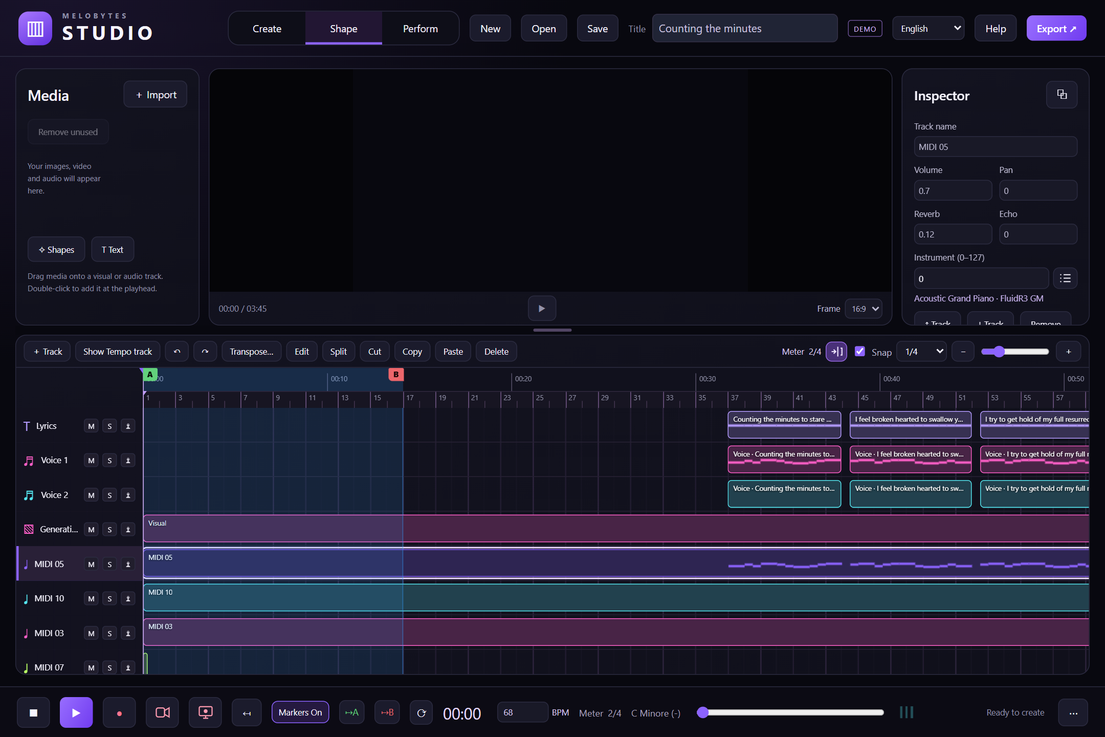 Timeline, tracks, A–B markers and Inspector