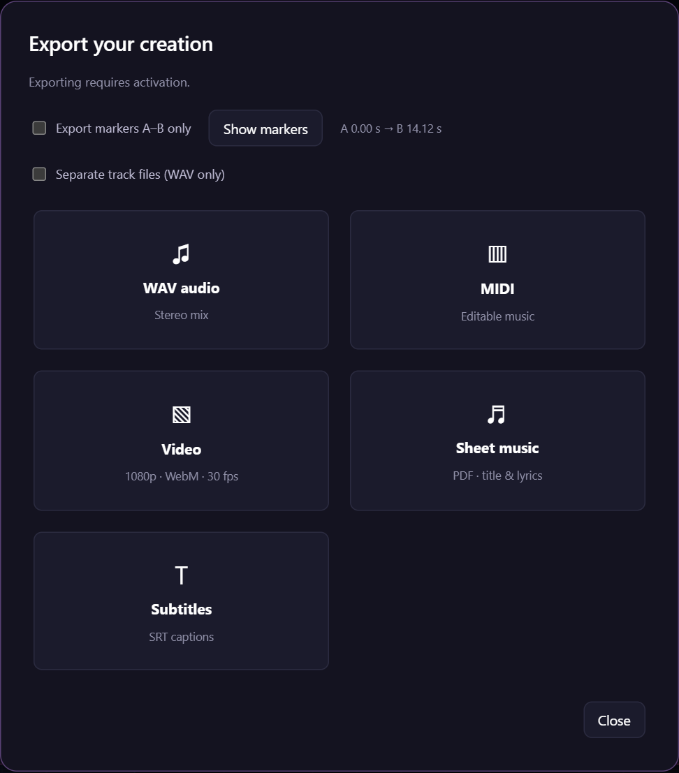 Export formats and range options
