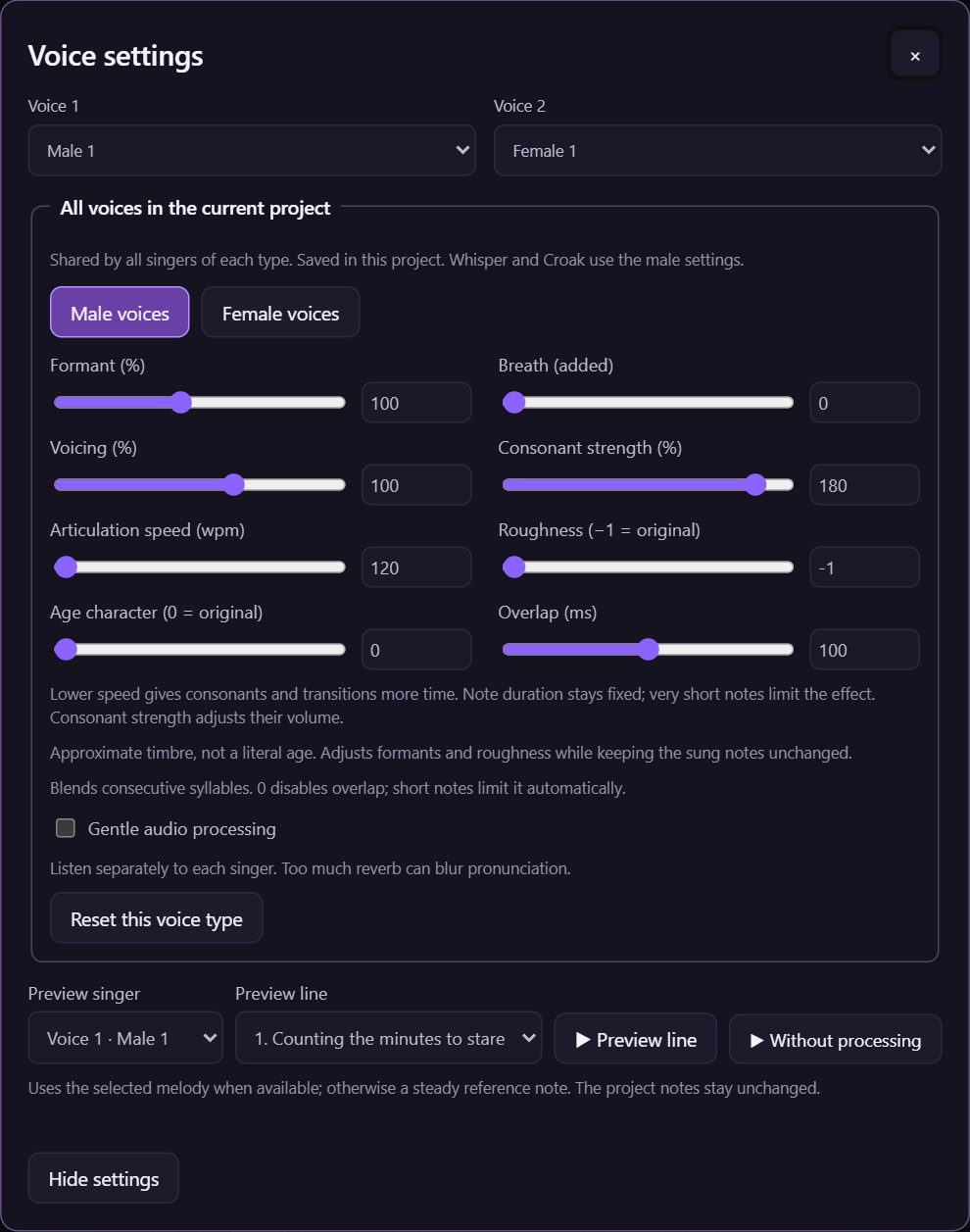 Voice profiles and line preview
