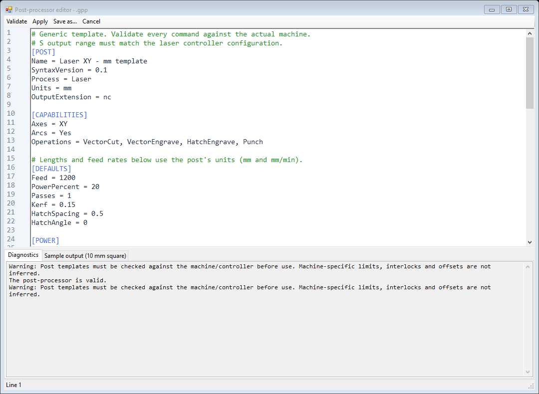 Post editor: sections and variables above, validation messages below. Edit a copy when adapting a template.