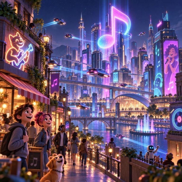 A cheerful cartoon city at night, glowing with neon signs, flying cars and a giant neon music note shining over the skyline