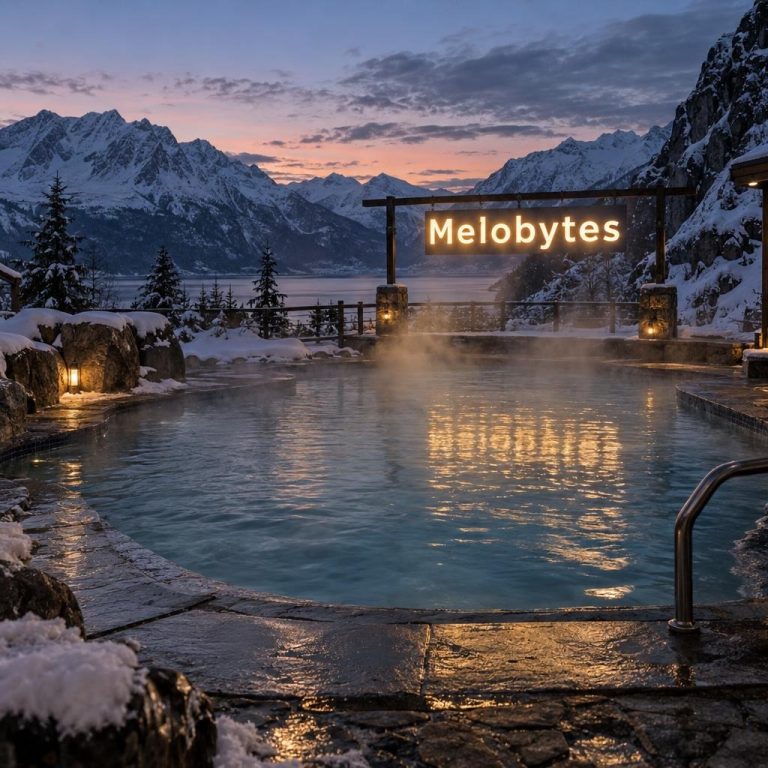 A steaming outdoor swimming pool in the Alaskan wilderness at dusk, snowy mountains all around and a glowing Melobytes sign above the water