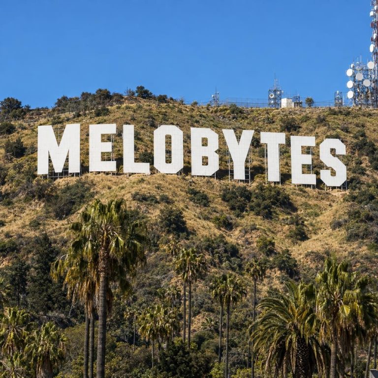 Giant white letters spelling MELOBYTES on a sunny Los Angeles hillside, just like the Hollywood sign, with palm trees below and a clear blue sky