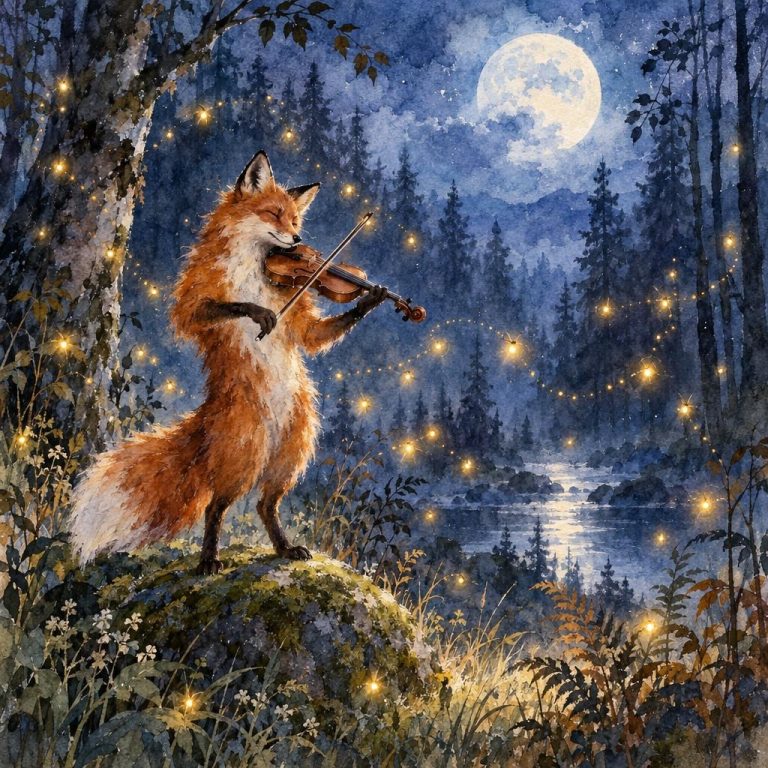 A fox playing the violin in a moonlit forest clearing, with fireflies dancing to the music